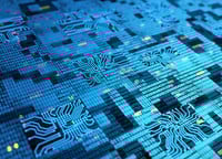 This image is decorative only and conveys a tech/cybersecurity vibe. It features sequences of numbers in various shades of blue interspersed with stylized network diagrams. The lack of clarity in this image mirrors the questions people have about the new SEC cybersecurity rules. Though the SEC cybersecurity rule effective date is 15 December 2023 for most organizations, court cases will clarify definitions such as what constitutes a “material” attack. 