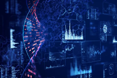 A double helix DNA molecule displayed on a blue futuristic screen. The DNA molecule is white and appears to be floating in the center of the screen. There are many numbers, letters, and symbols displayed around the DNA molecule. 