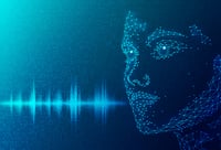 AI generated model depicting a deepfake voice projecting from the mouth of the female model as illustrated in soundwaves.