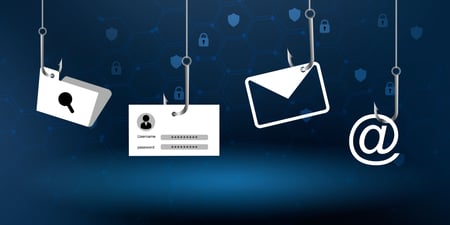 The image shows an email, password, and file icon on a fishing hook. This image illustrates the dangers of phishing attacks and the need for cybersecurity awareness and protection