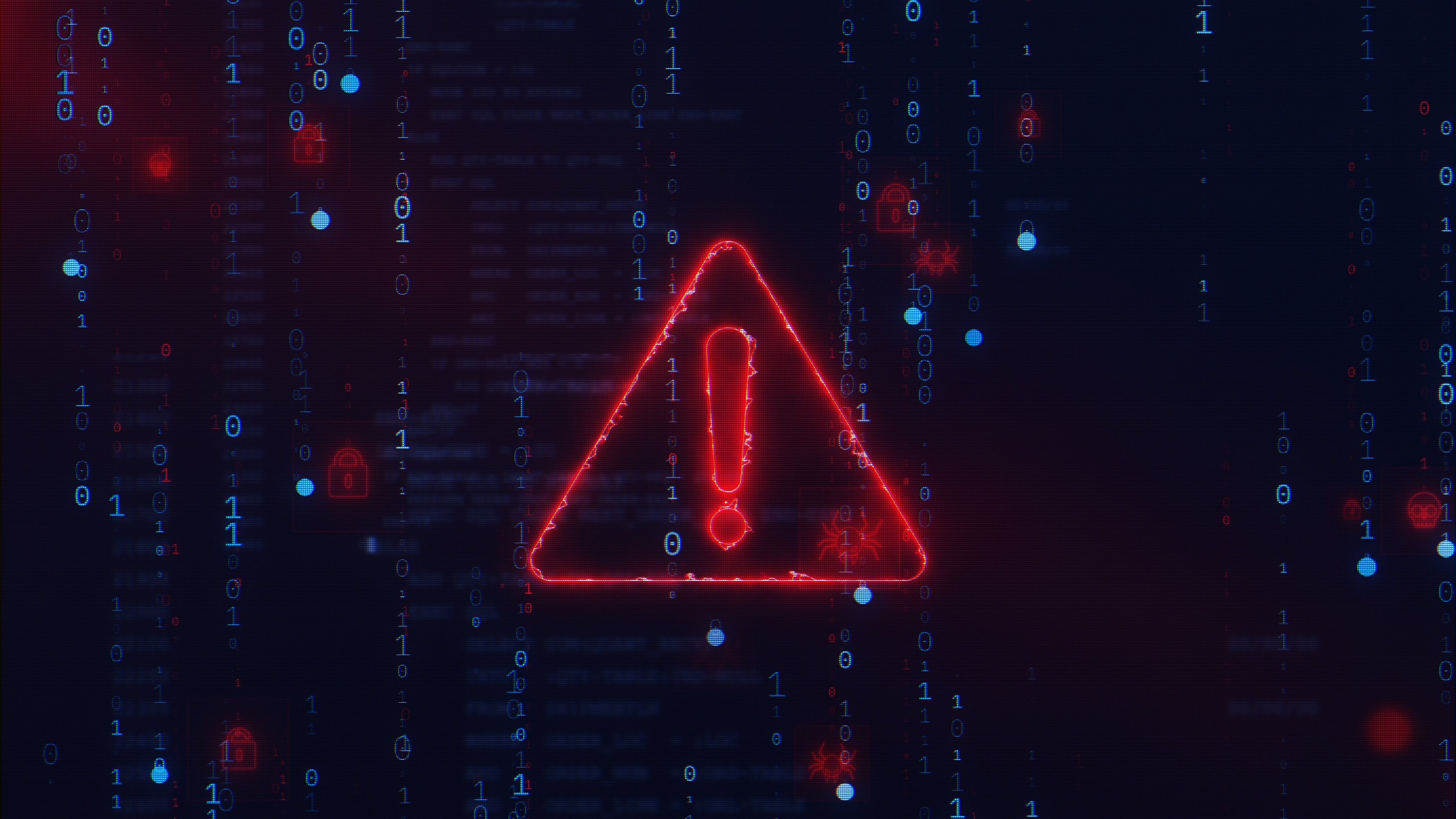  A digital warning sign with a red exclamation mark appears against a background of binary code, symbolizing a cybersecurity threat or system breach. This highlights the growing risks of cyberattacks and the importance of cyber insurance in protecting businesses from financial and operational damage caused by data breaches, ransomware, and other cyber threats.