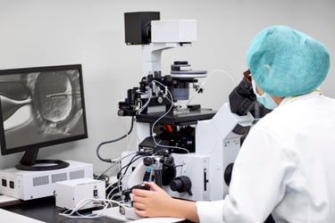 A female in a white lab coat, surgical mask, and surgical hairnet examines a cell through a large microscope. You cannot see her face because her back is to the camera. An enlarged image of the cell appears on a 19-inch black computer monitor to her left. IVF clinics do precision work with human tissue, utilizing microscopes like this and other sensitive equipment. Robust procedures for handling the tissue and maintaining equipment can help prevent insurance losses.  