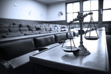 This black and white photo shows a small court room with five rows of bench seats. Three medium-size windows illuminate the space. An antique scale sits on a long table immediately in front of the seating. The scale represents the concept of justice. In the transportation industry, a strong safety focus can tip the scale in your favor and help you prevent a nuclear verdict.  