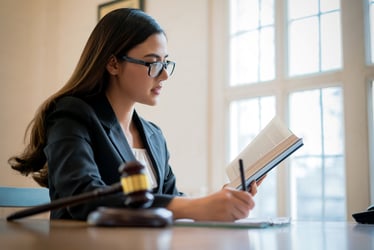 lawyer businesswoman consultant reading a book and taking notes on her electronic iPad.  